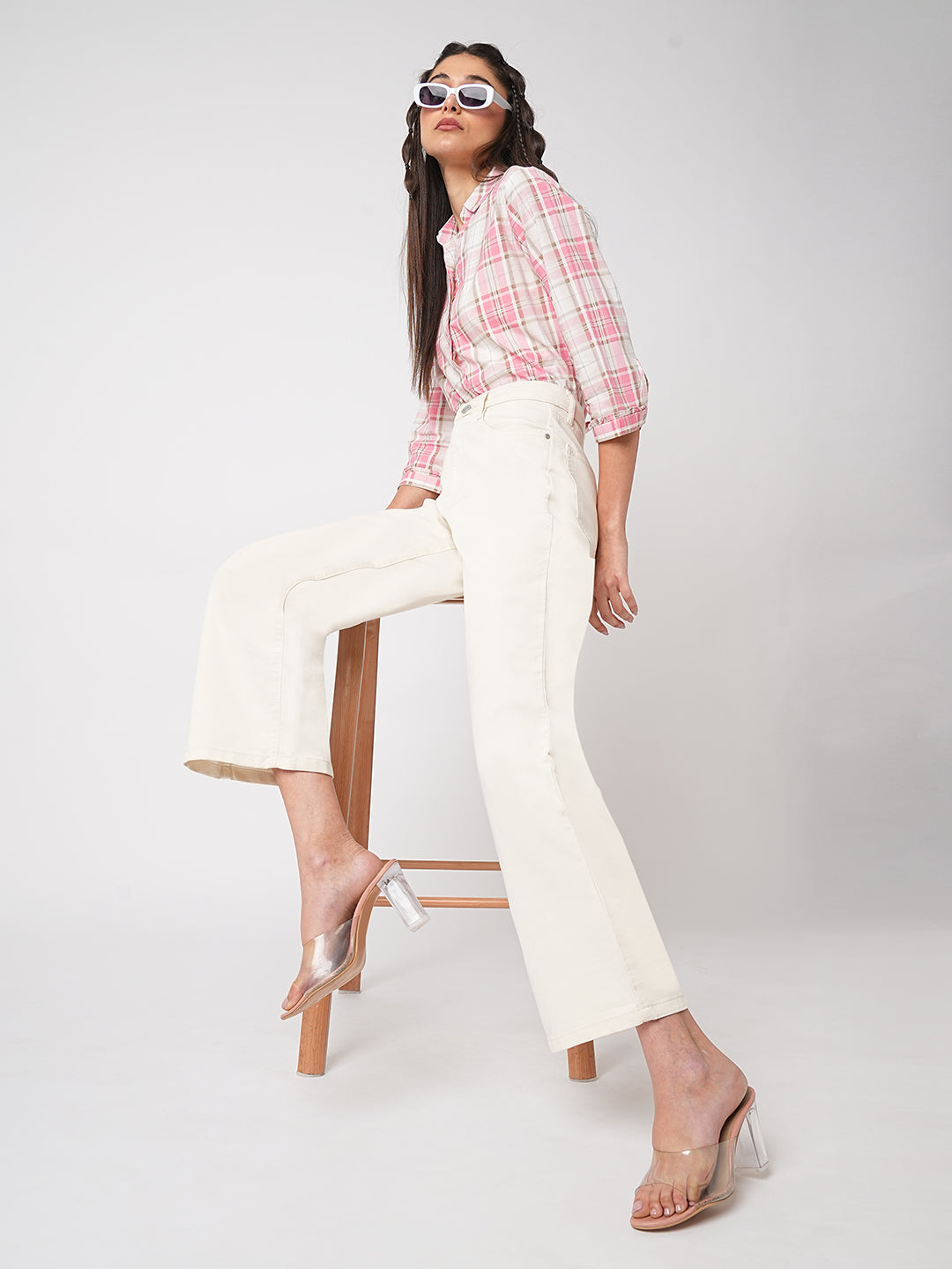 Women Ecru High-Rise Wide Leg Jeans