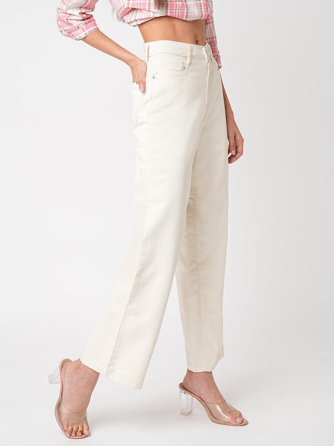 Women Ecru High-Rise Wide Leg Jeans