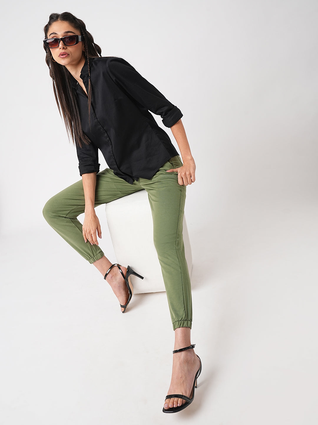 Women Olive Mid-Rise Athleisure Joggers
