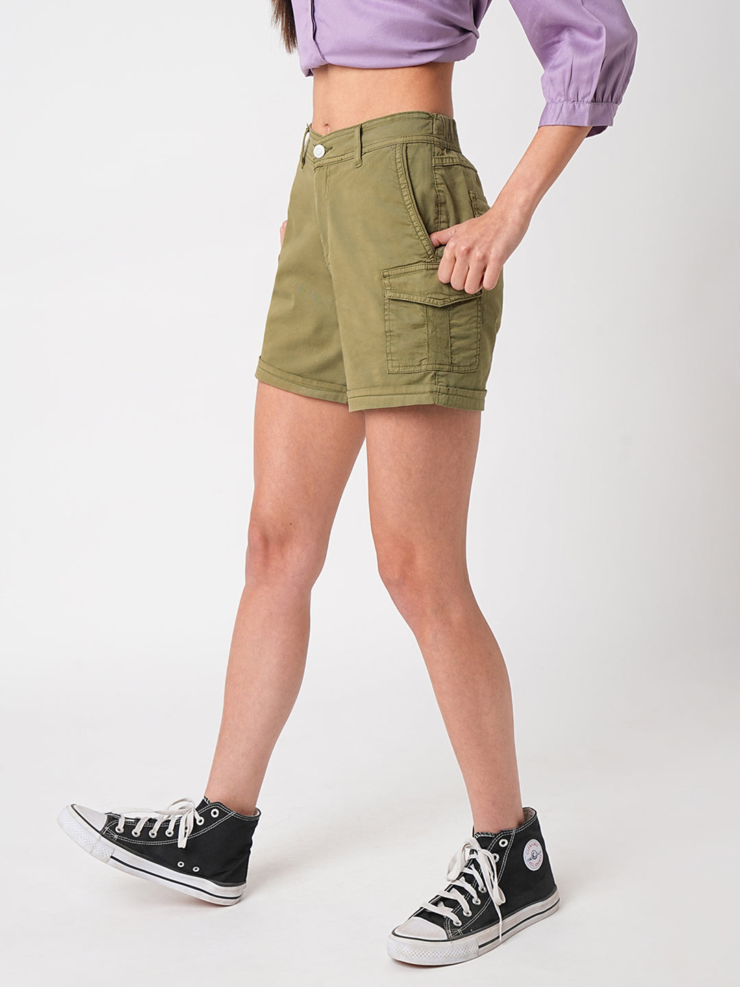 Women Olive High-Rise Slim Shorts