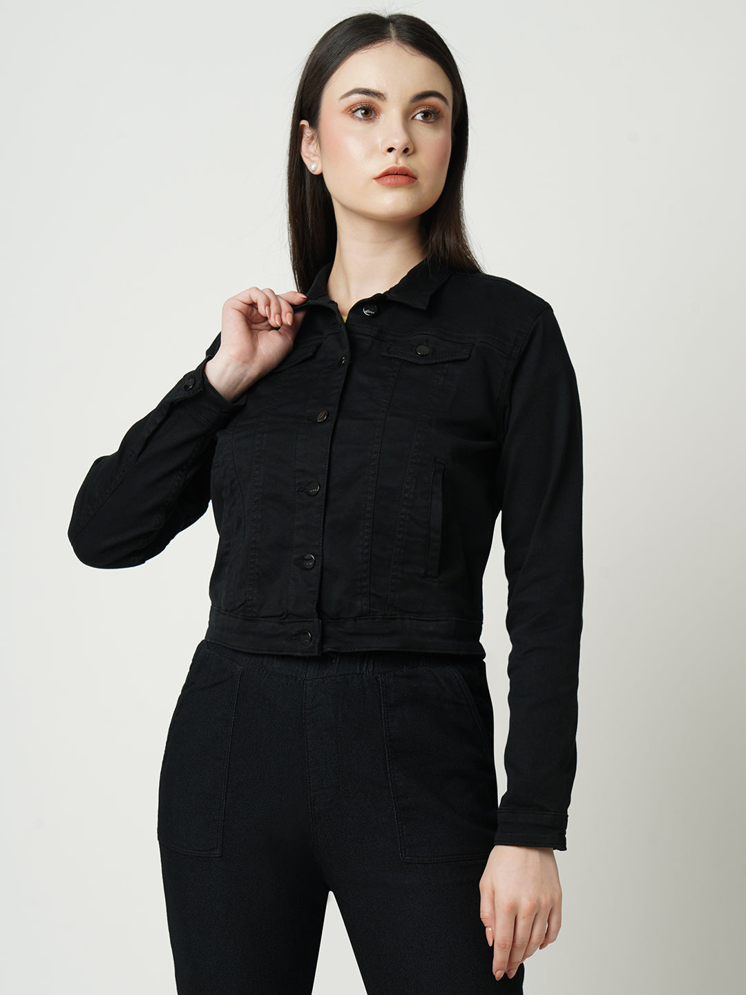 Women Black Solid Full Length Jacket