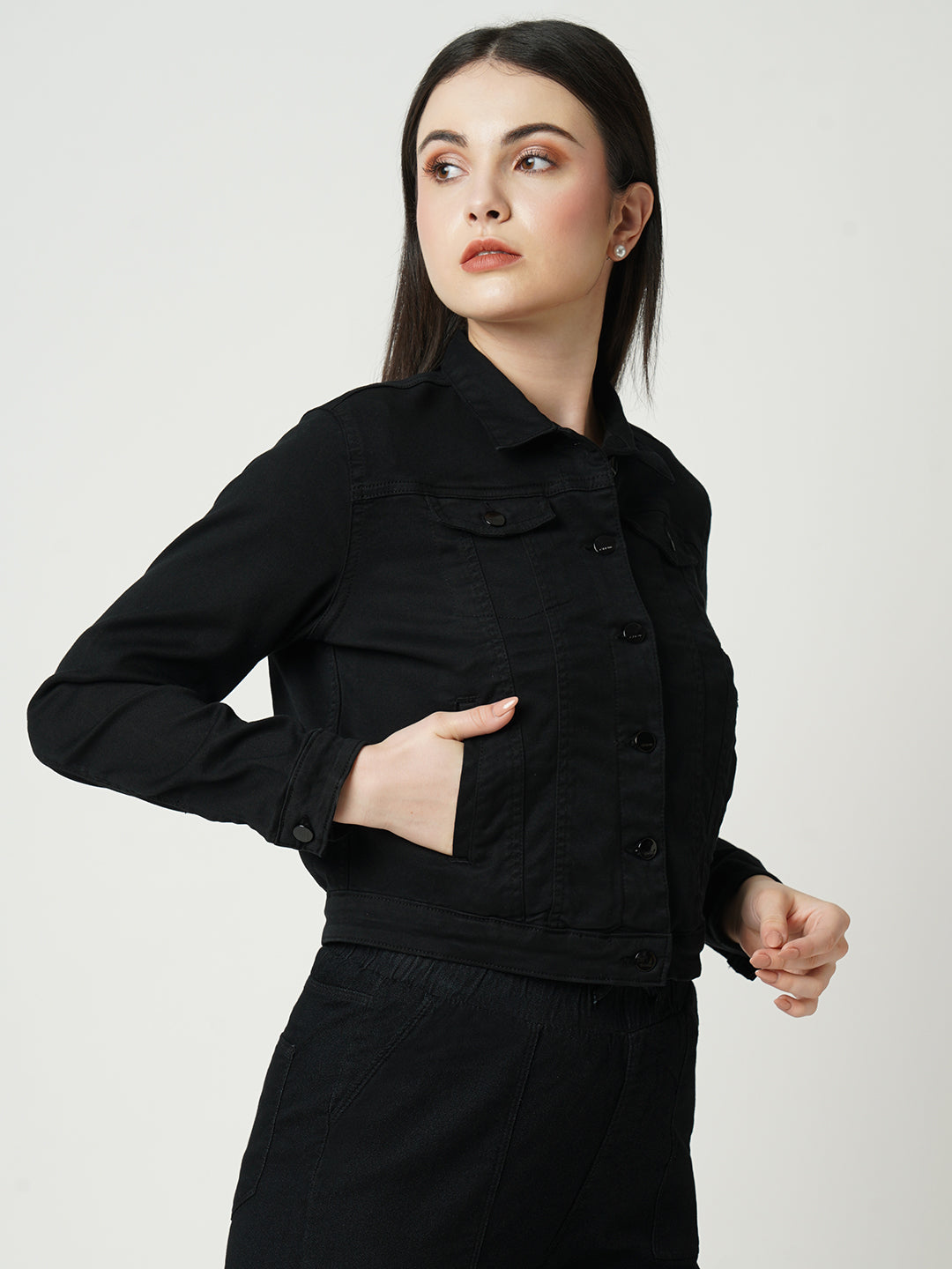 Women Black Solid Full Length Jacket