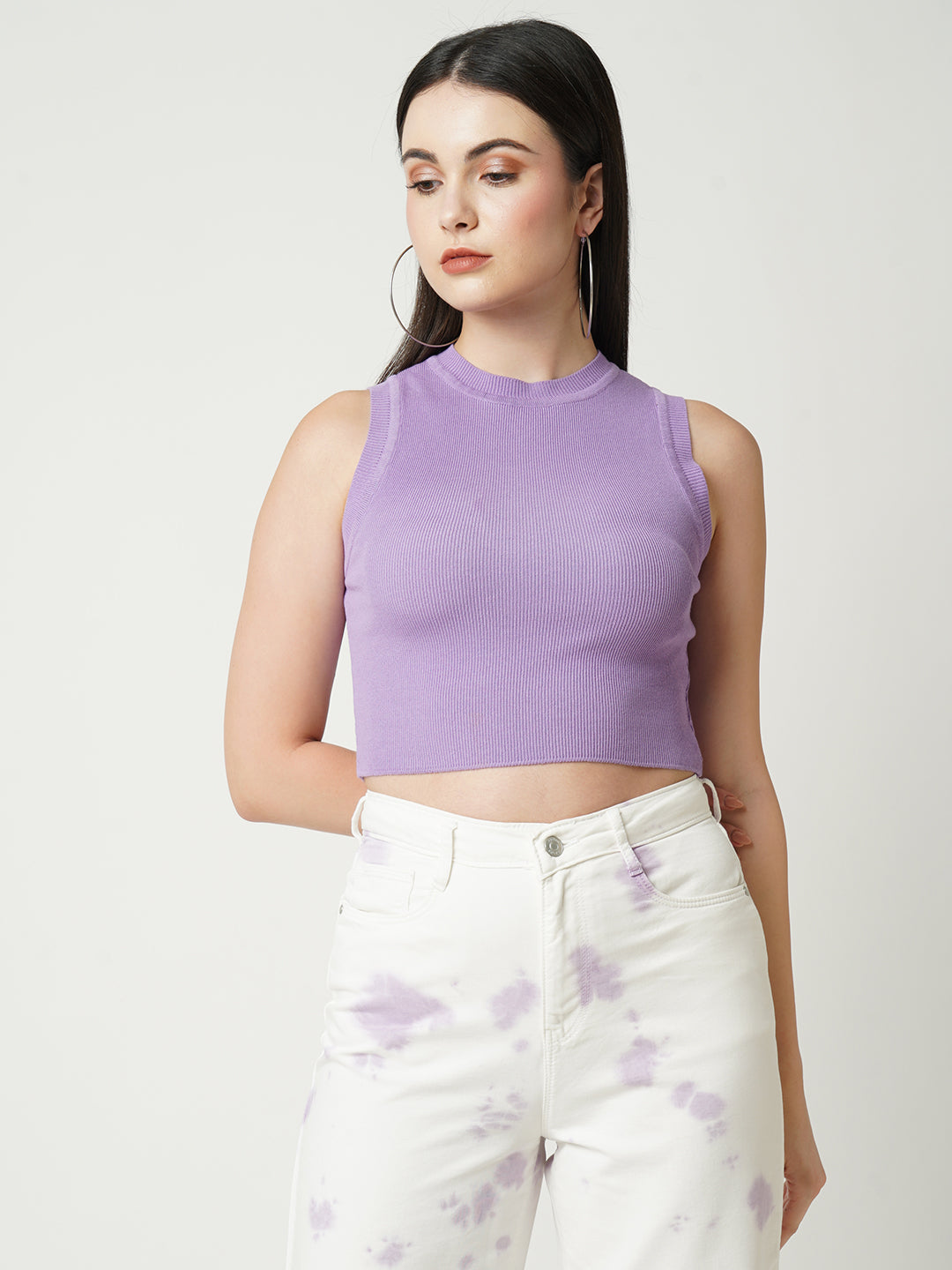 Women Lilac Crop Rib Flat Knit Top