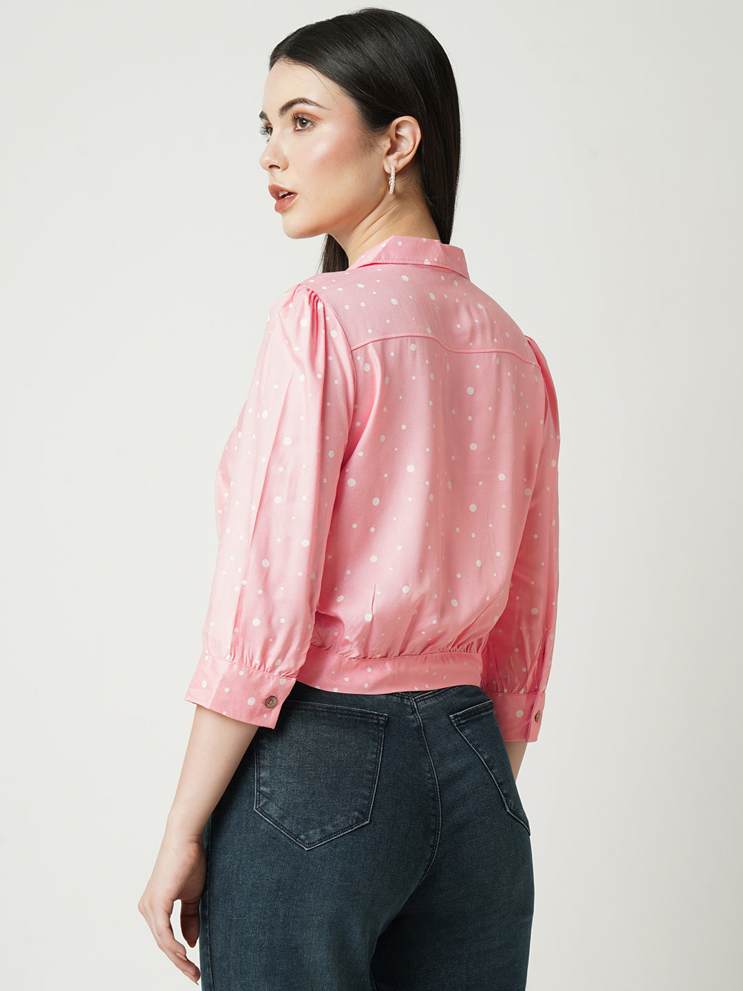 Women Peach Polka Dot Slim Shirt