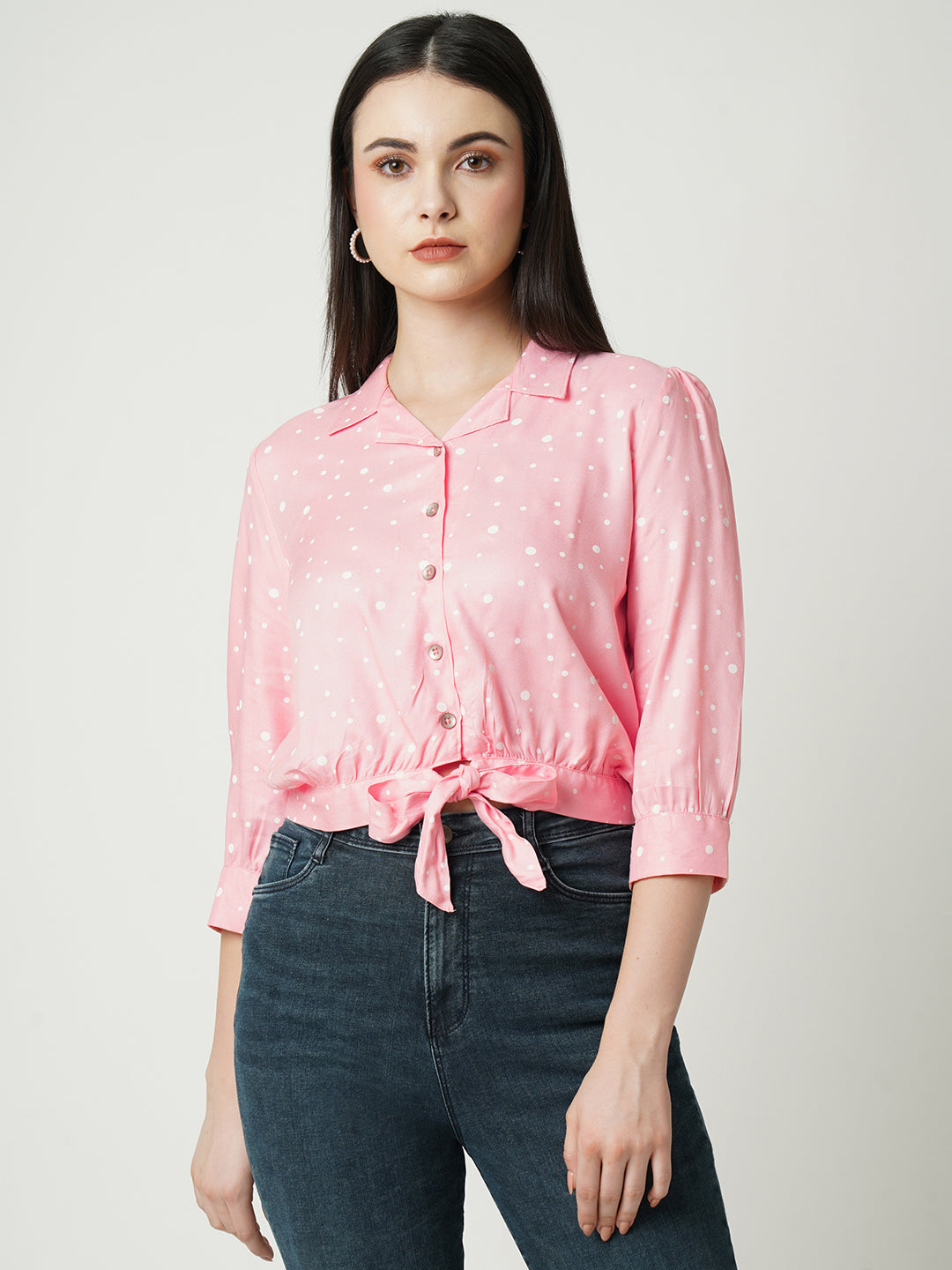 Women Peach Polka Dot Slim Shirt