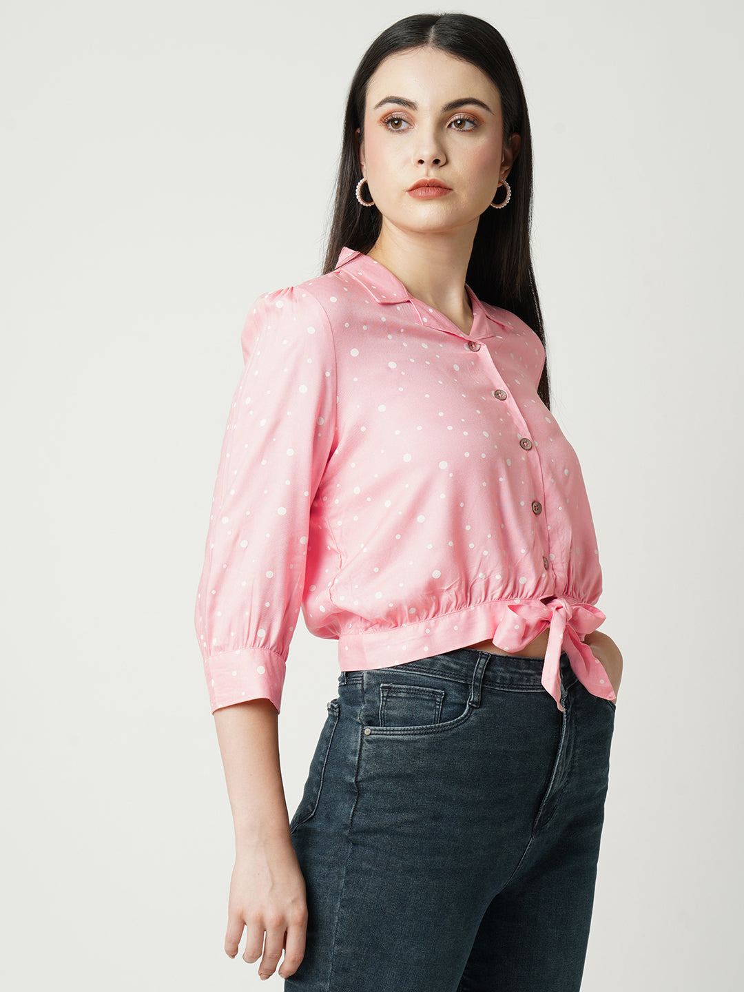 Women Peach Polka Dot Slim Shirt