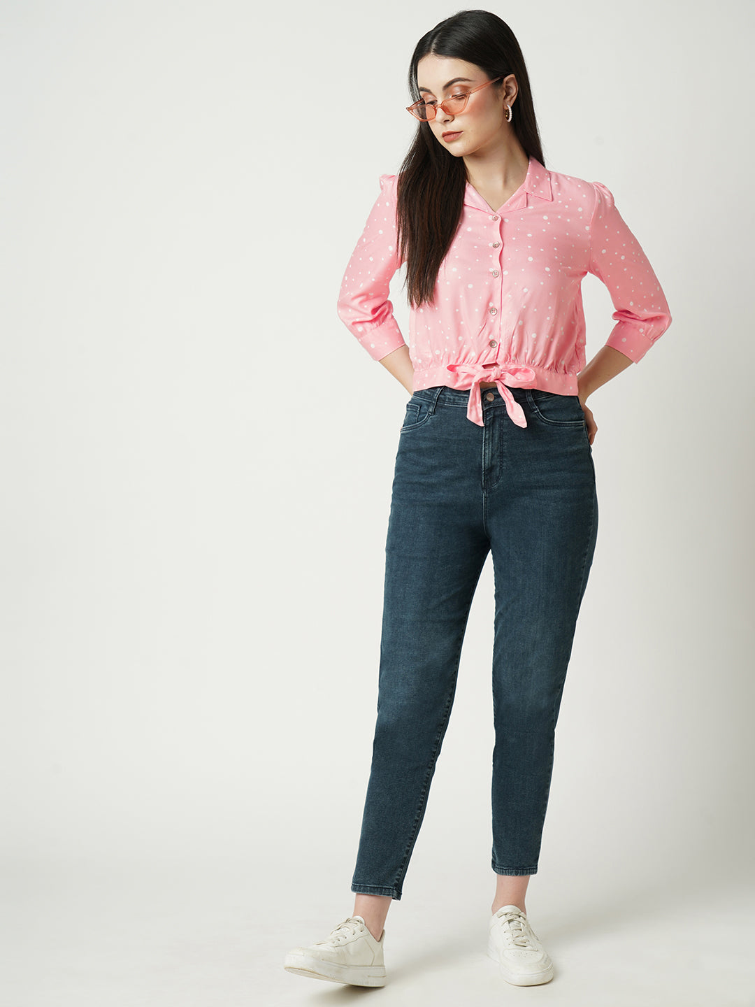 Women Peach Polka Dot Slim Shirt