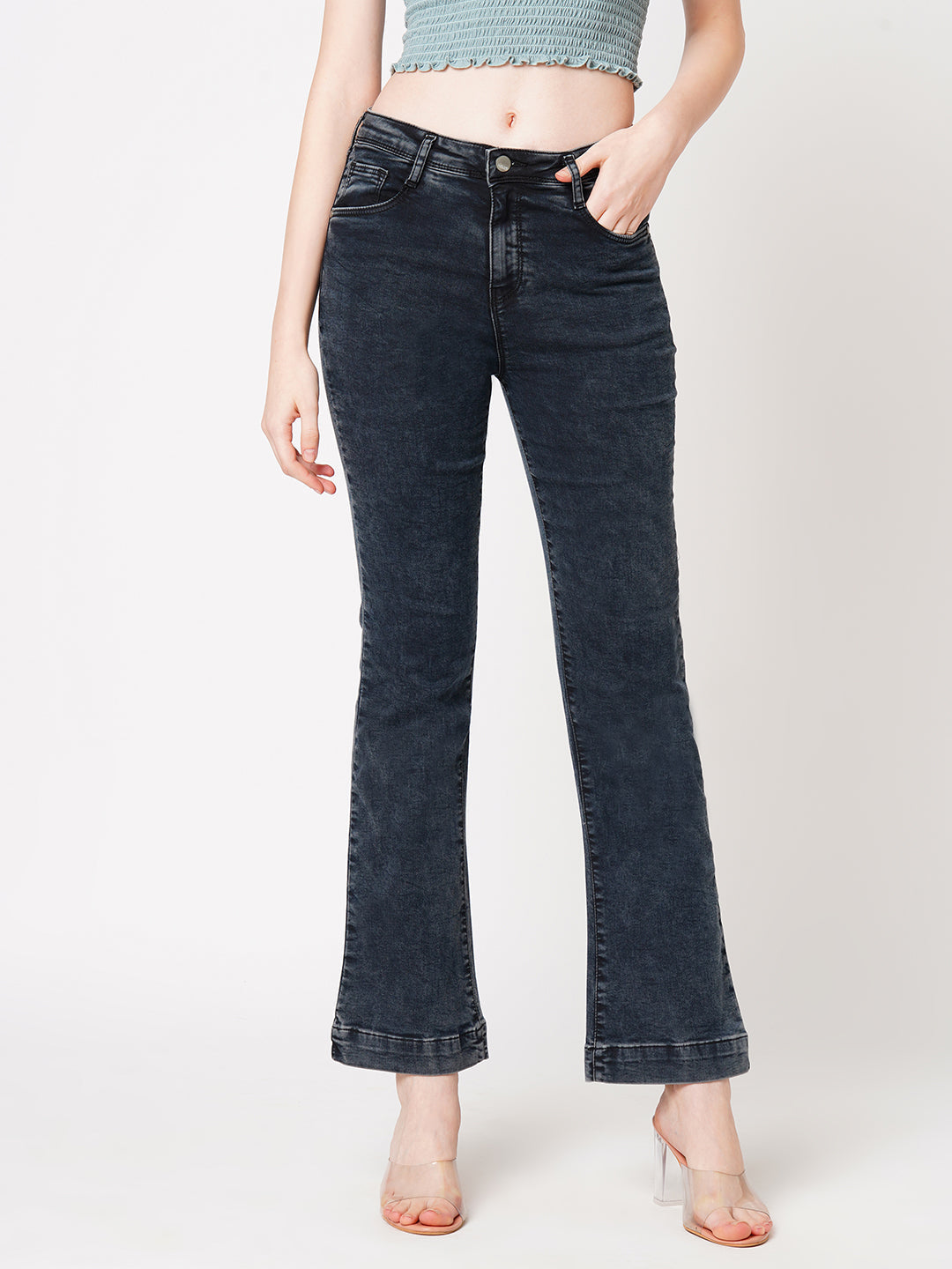 Women Carbon Black High-Rise Mini Flare Jeans