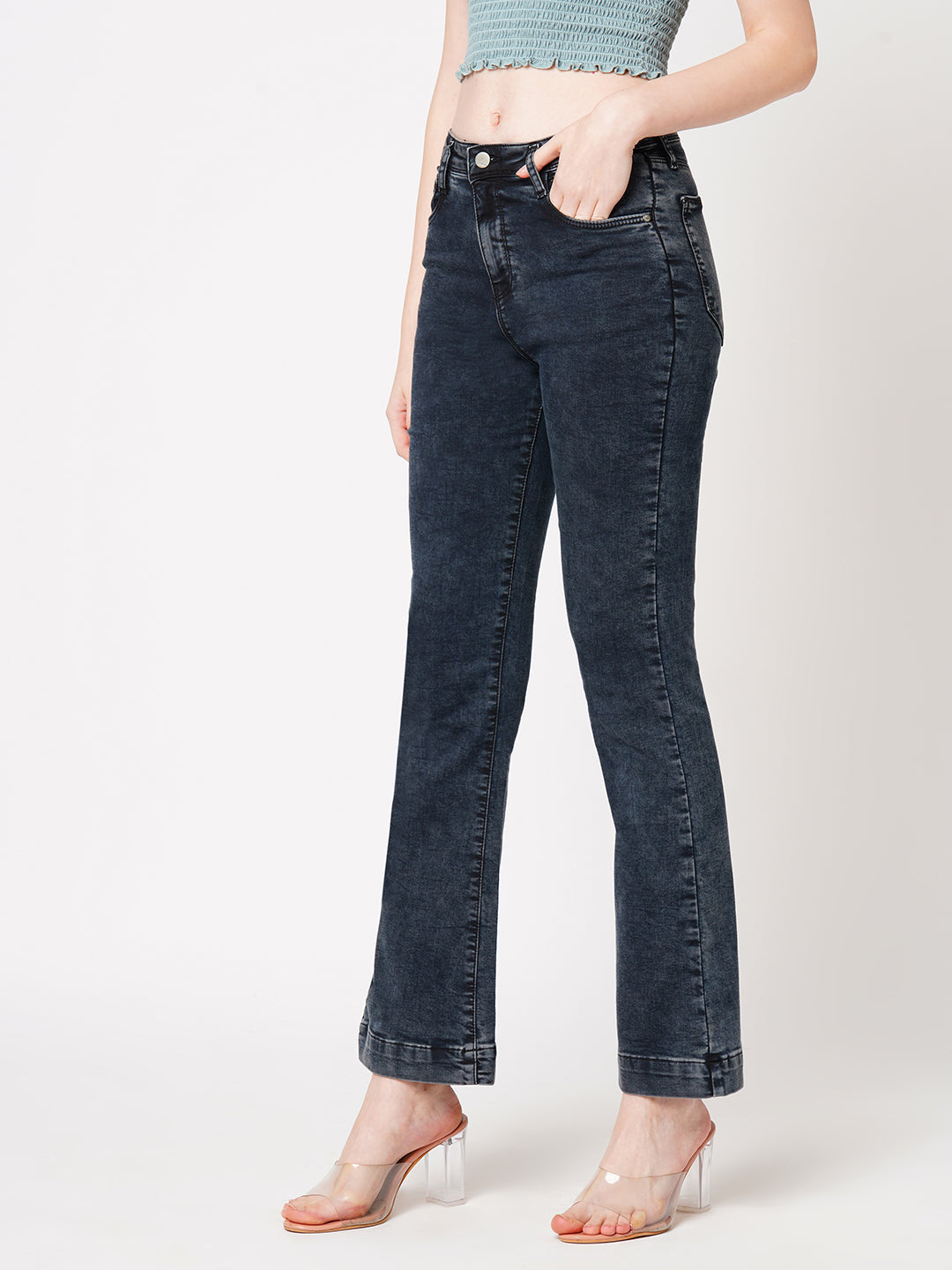 Women Carbon Black High-Rise Mini Flare Jeans