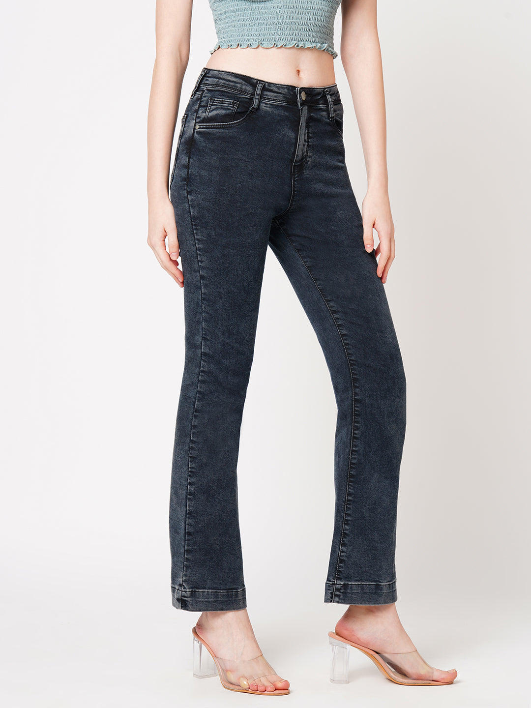 Women Carbon Black High-Rise Mini Flare Jeans