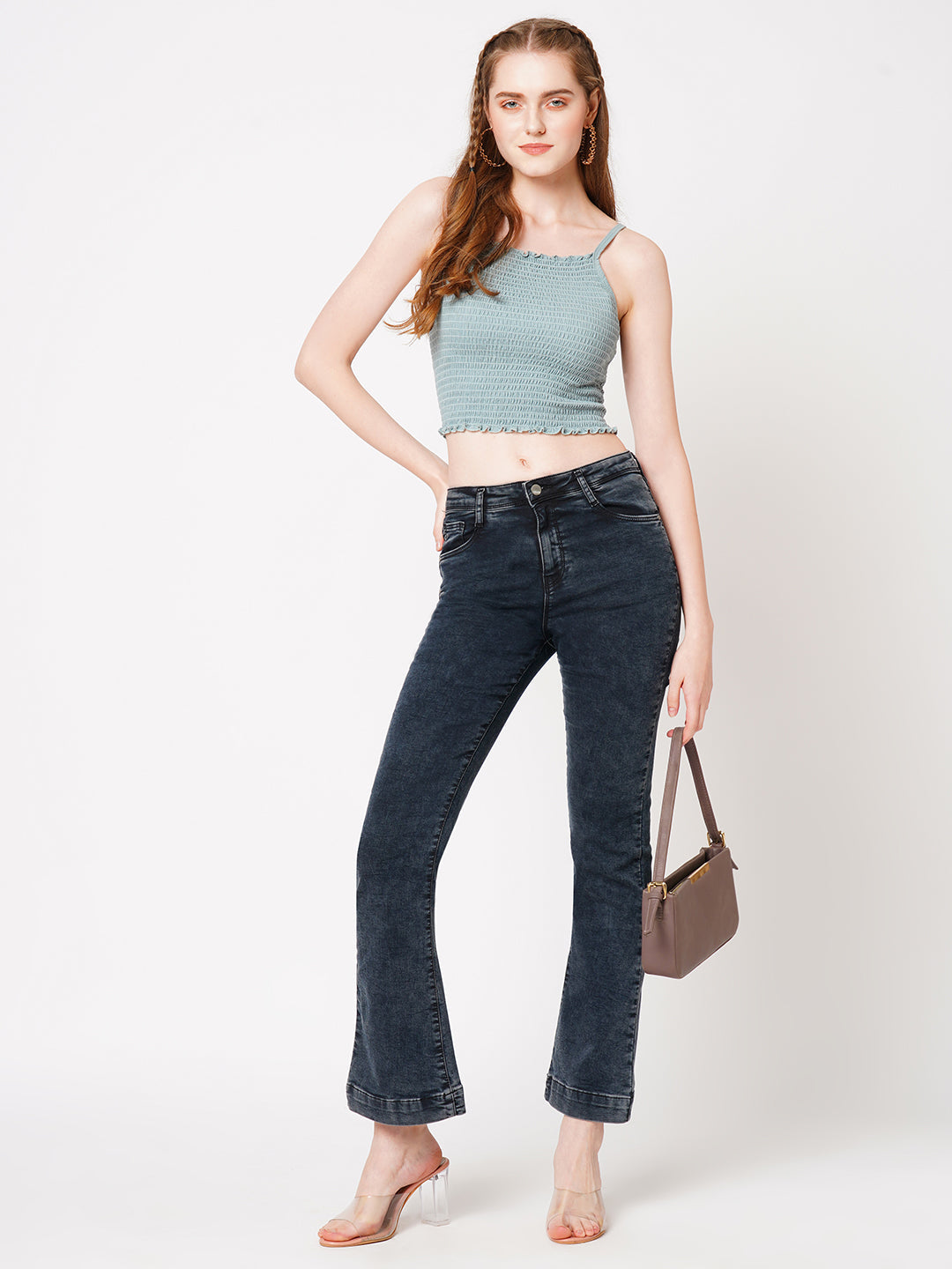 Women Carbon Black High-Rise Mini Flare Jeans