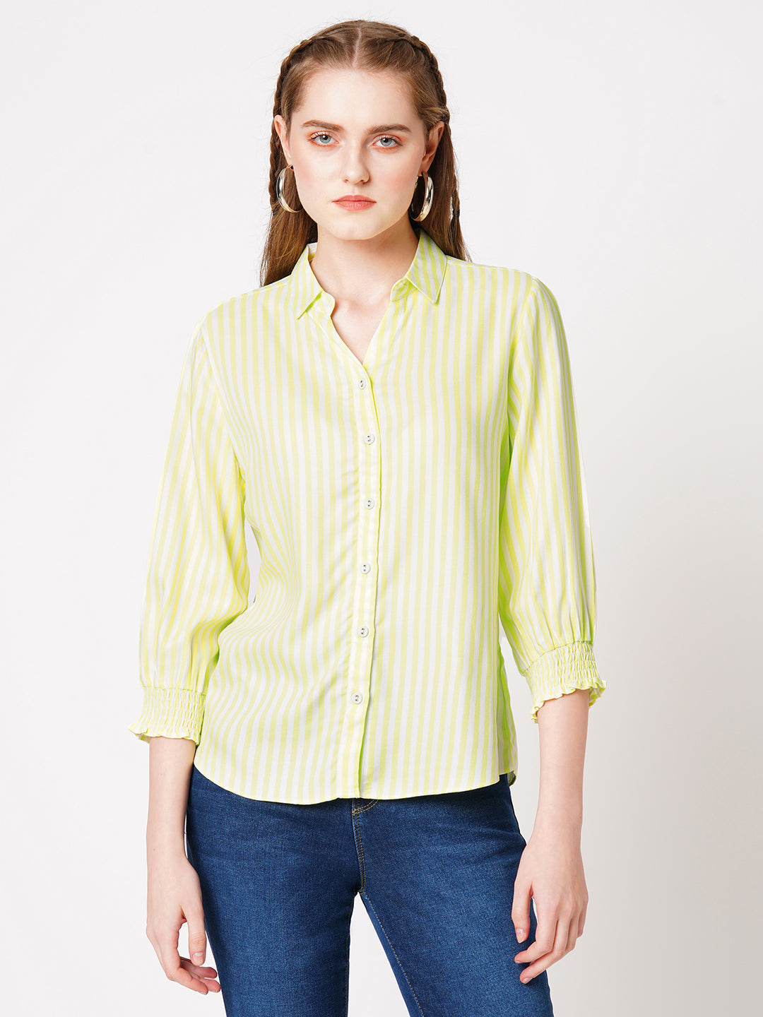 Women Lime & White Striped Shirt
