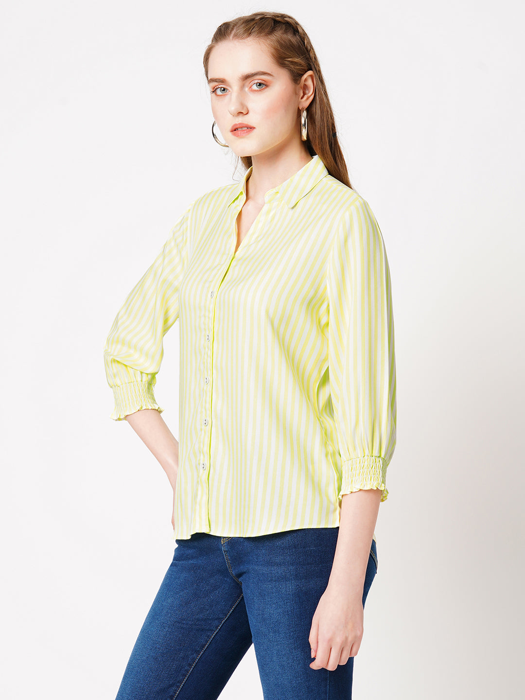 Women Lime & White Striped Shirt