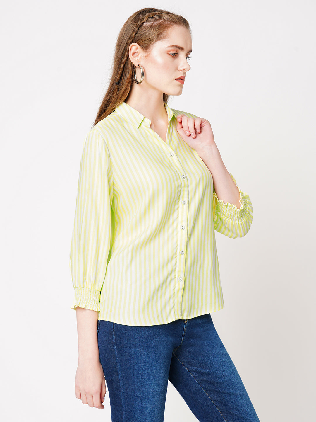 Women Lime & White Striped Slim Fit Shirts