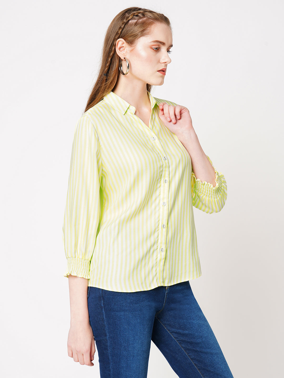Women Lime & White Striped Shirt