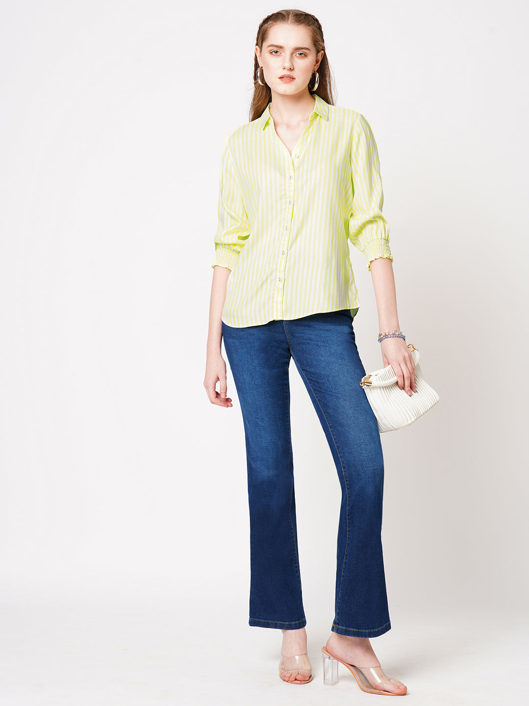 Women Lime & White Striped Shirt