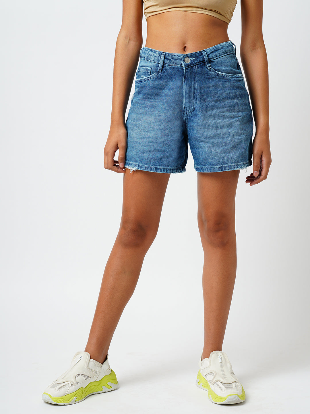 Women Light Blue High-Rise Slim Shorts