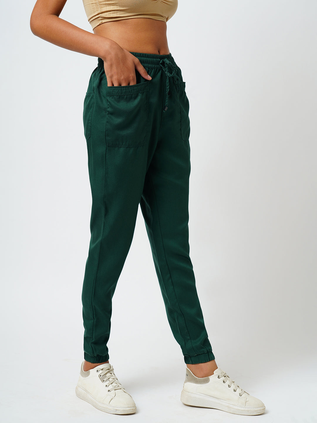 Women Bottle Green High-Rise Denim Jogger