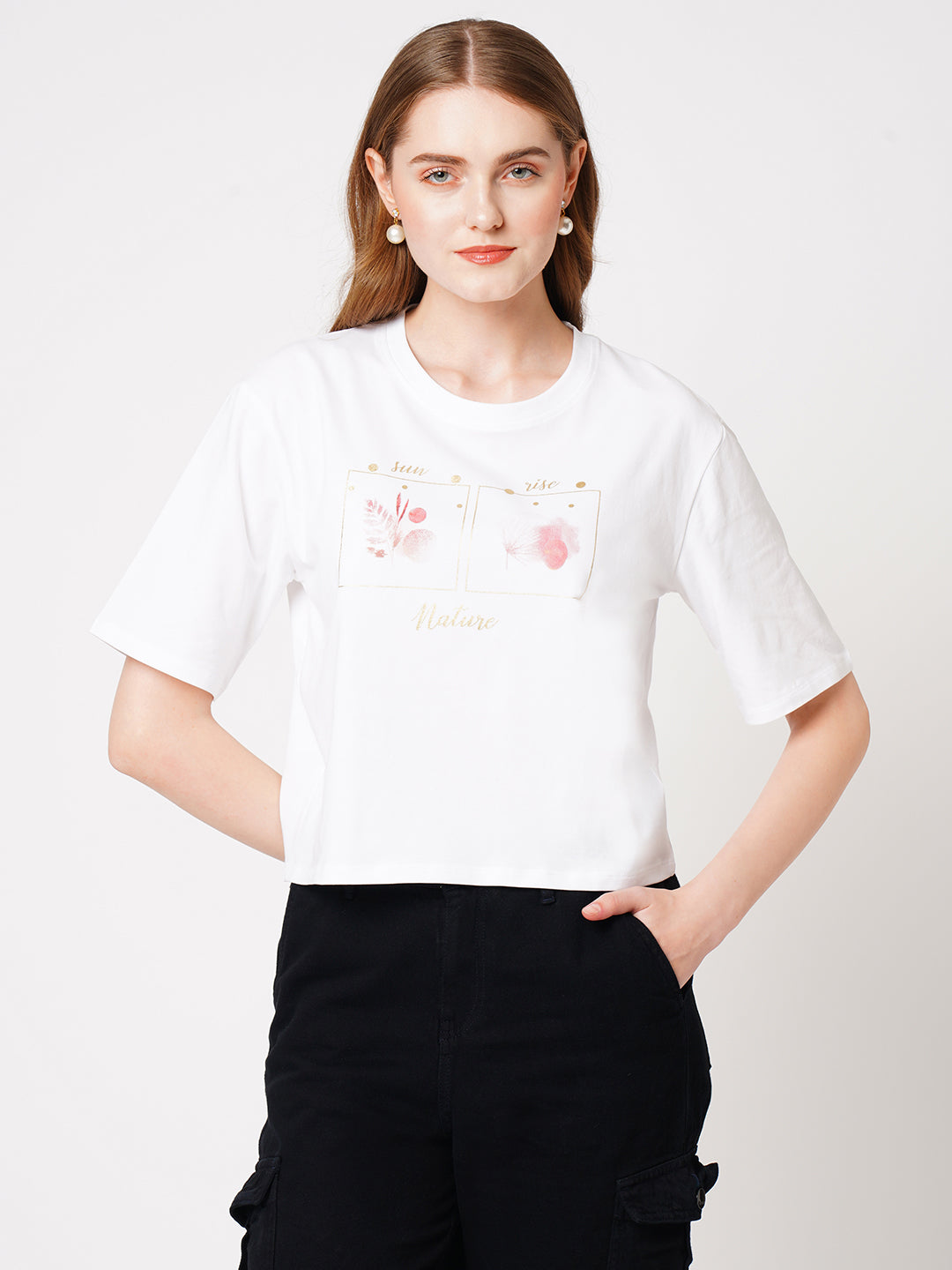 Women White Floral Graphic Tees