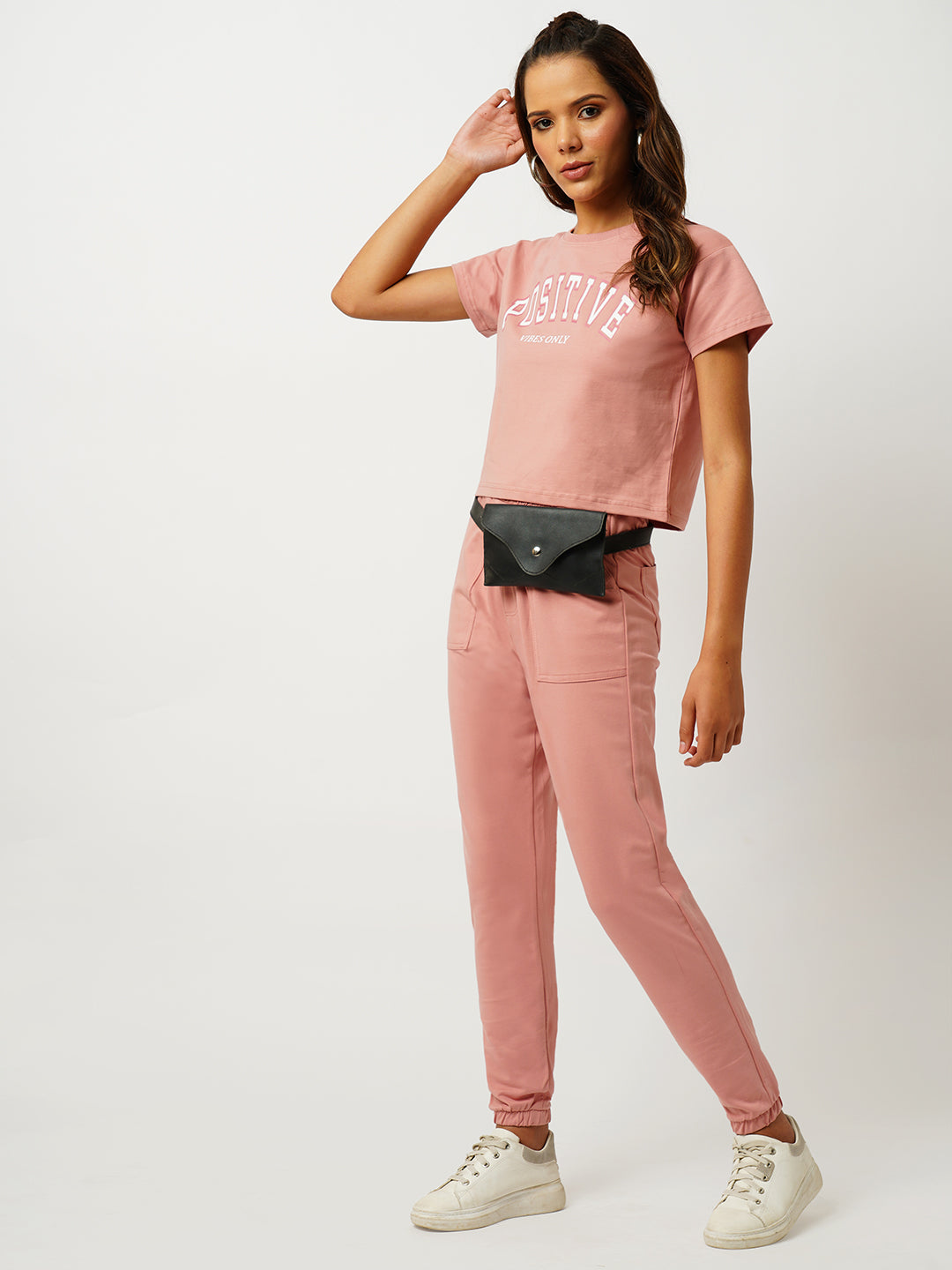 Women Blush Pink Printed Short Sleeves Athleisure Top