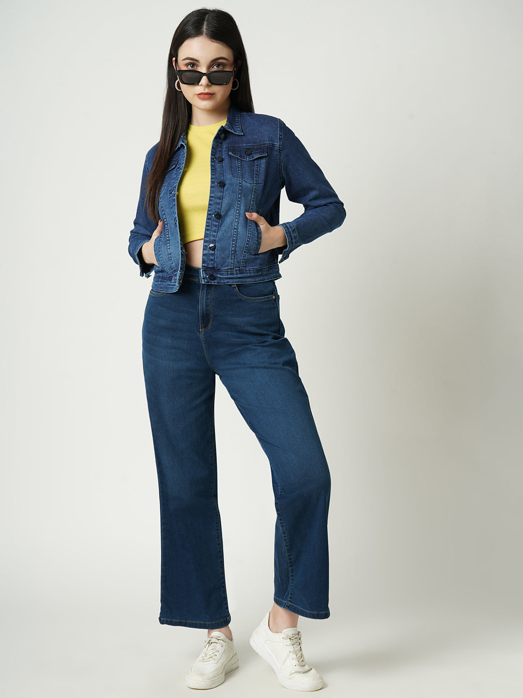 Women Blue Solid Full Length Jacket