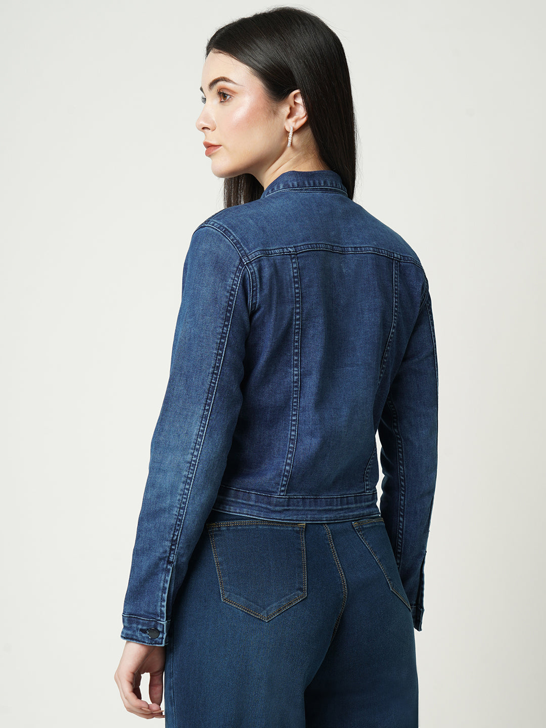 Women Blue Solid Full Length Jacket