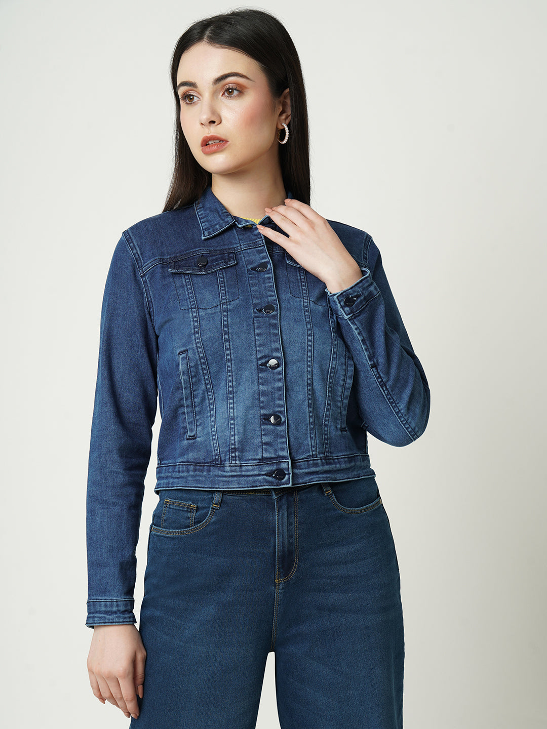 Women Blue Solid Full Length Jacket