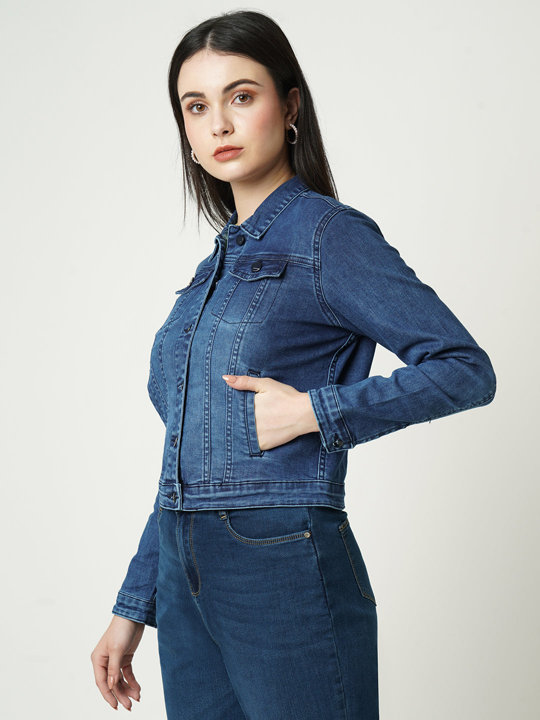 Women Blue Solid Full Length Jacket