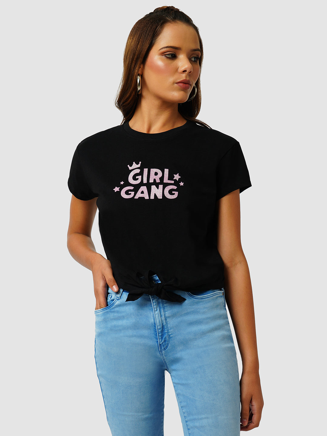 Women Slim Fit Black Crop Graphic Tees