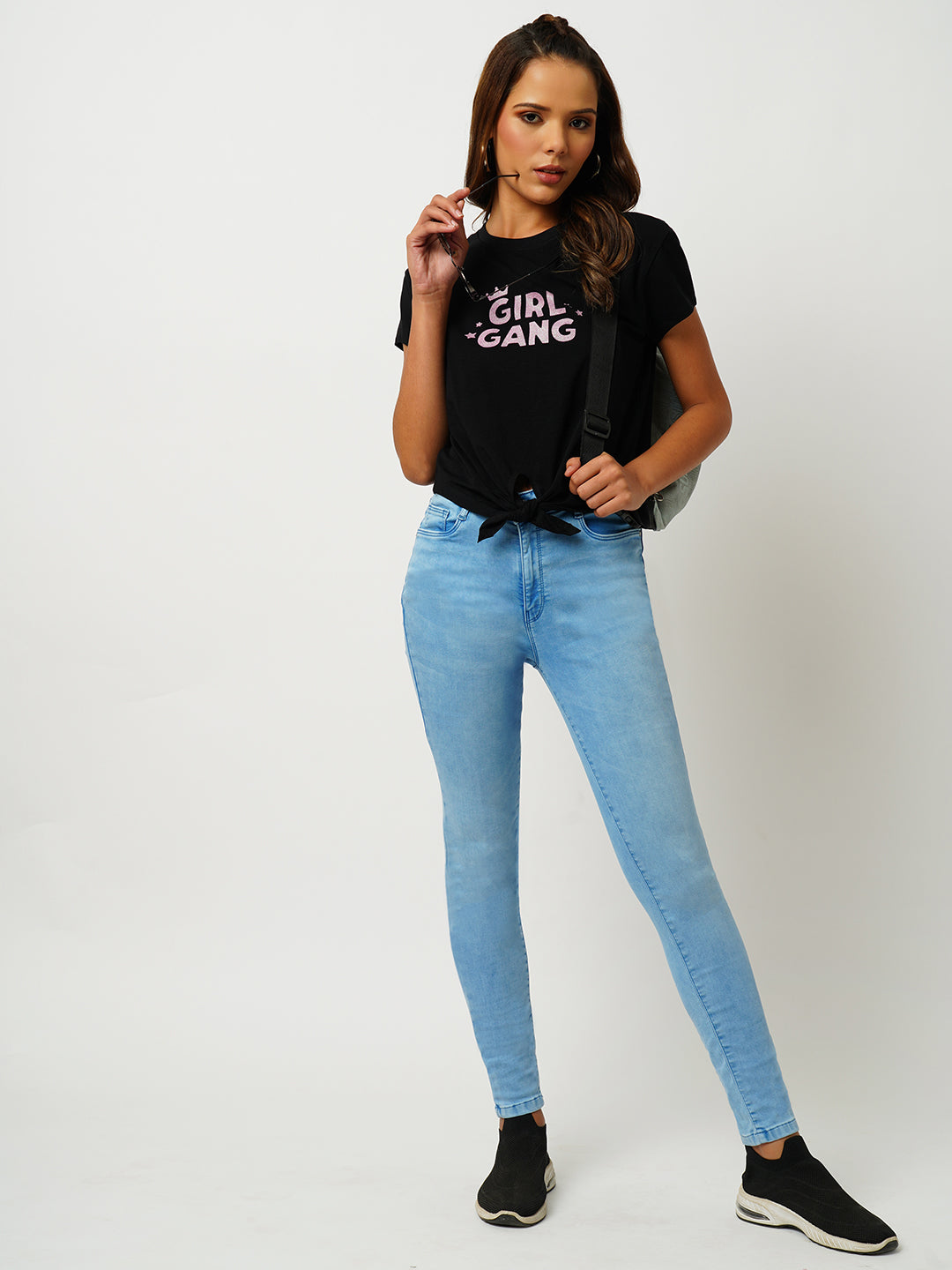 Women Slim Fit Black Crop Graphic Tees