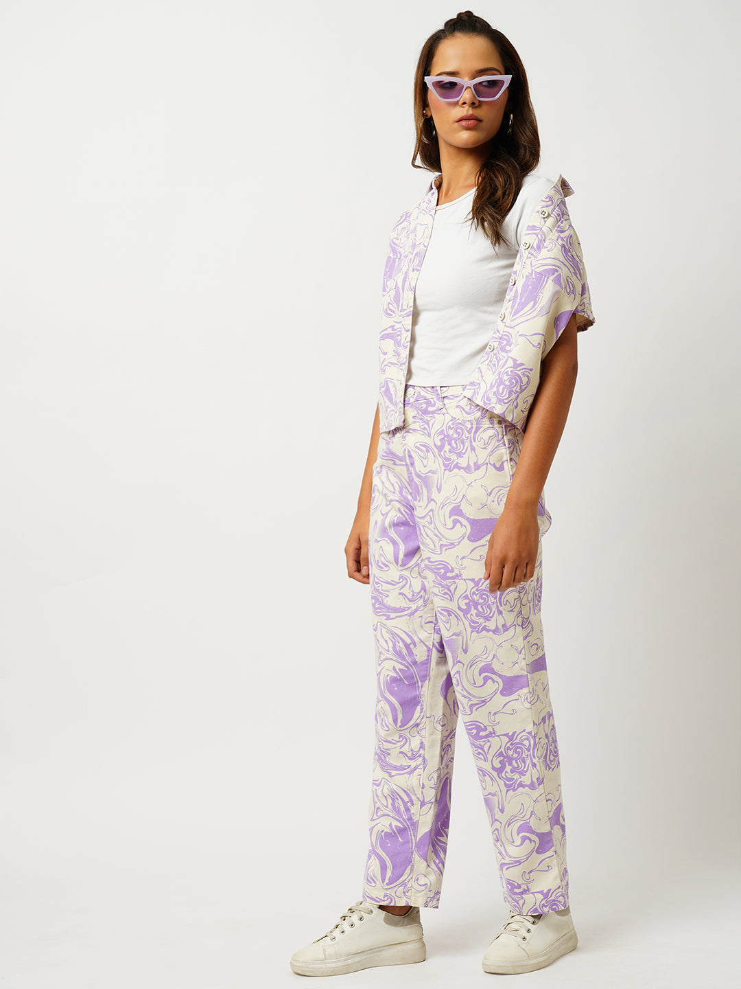 Women Lilac Swirl Printed Crop Shirt