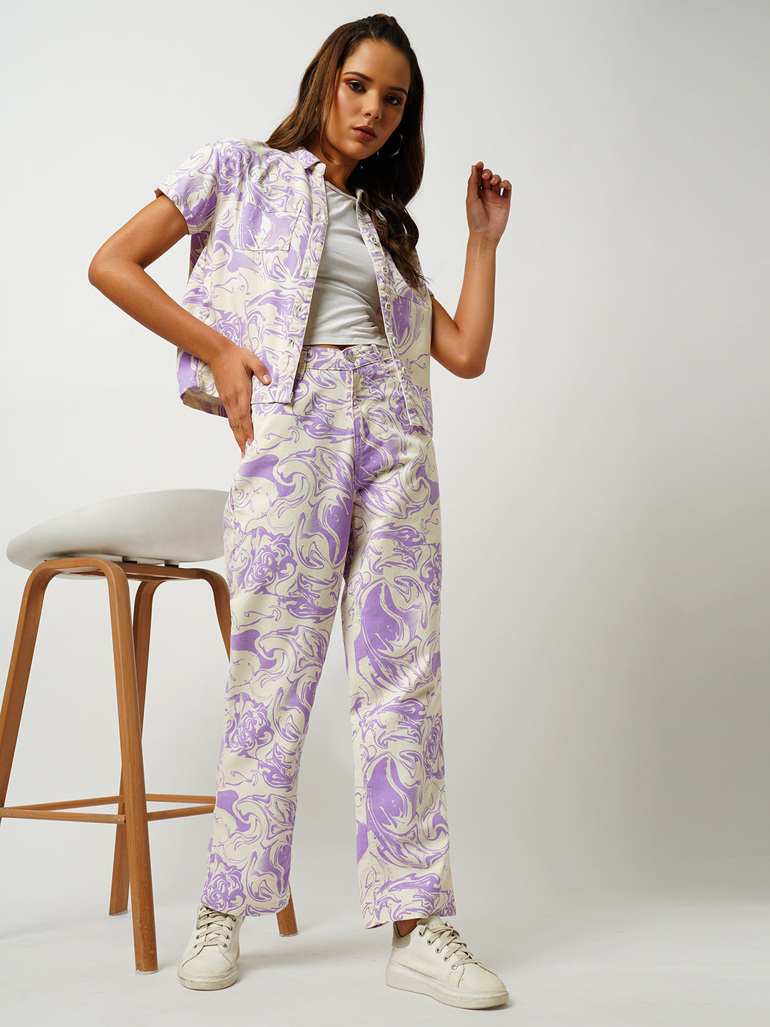 Women Lilac Swirl Printed Crop Shirt