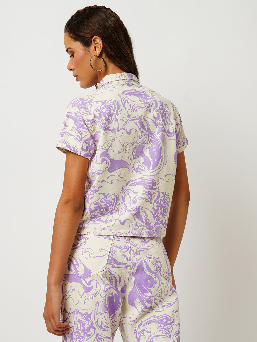 Women Lilac Swirl Printed Crop Shirt