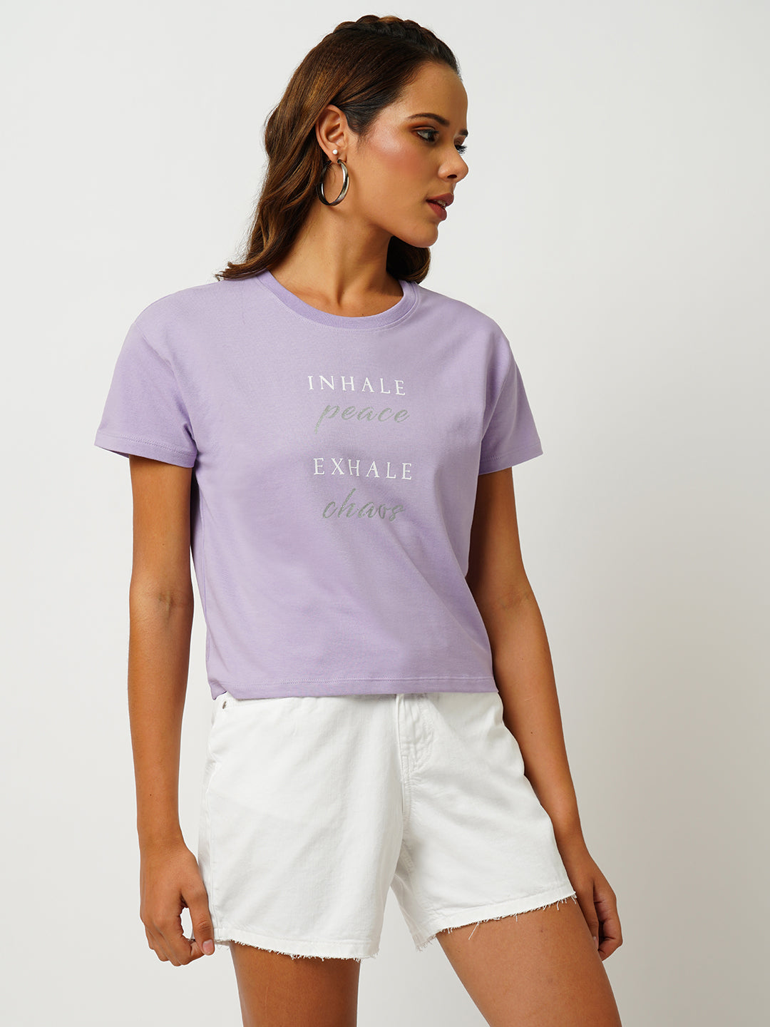 Women Slim Fit Lilac Crop Graphic Tees