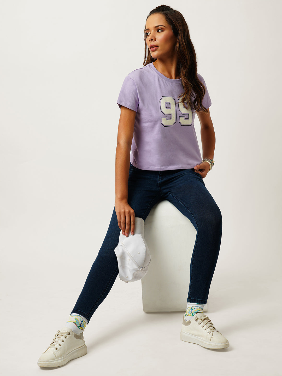 Women Graphic Lilac Crop Slim Fit Tees