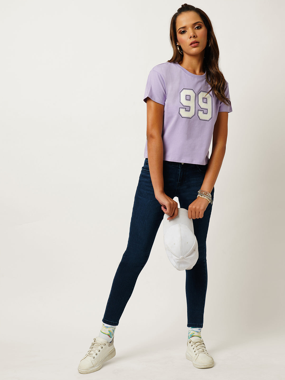 Women Graphic Lilac Crop Slim Fit Tees