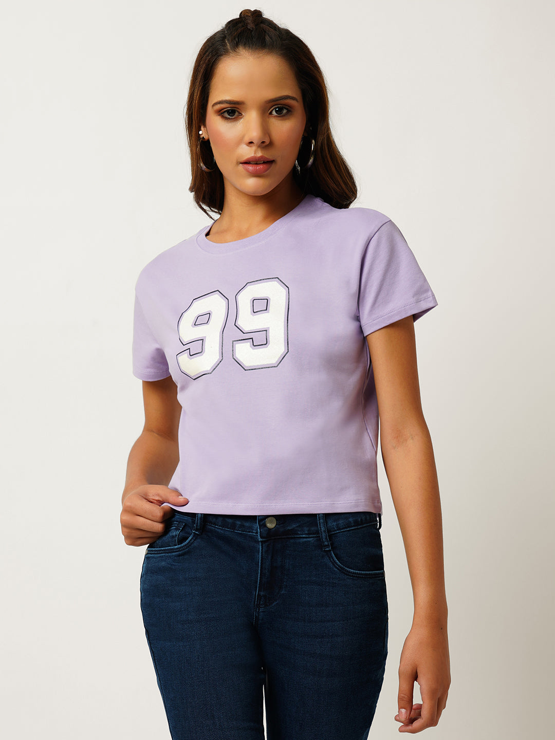 Women Graphic Lilac Crop Slim Fit Tees