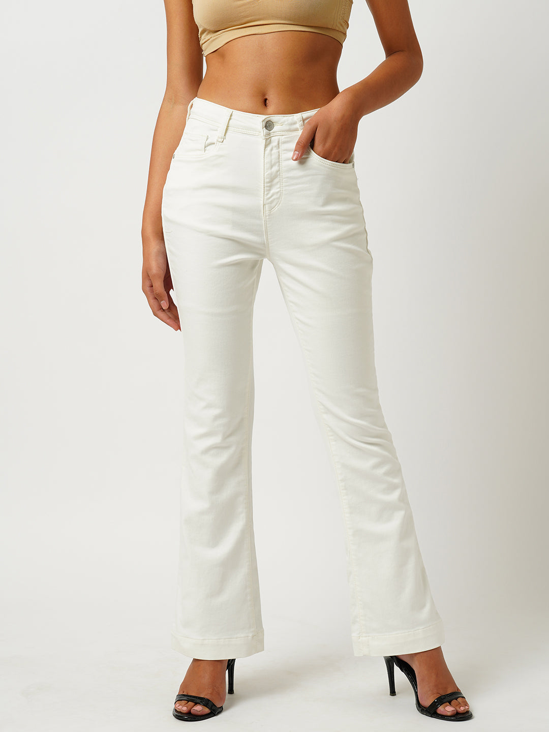 Women Ecru High-Rise Mini Flare Jeans