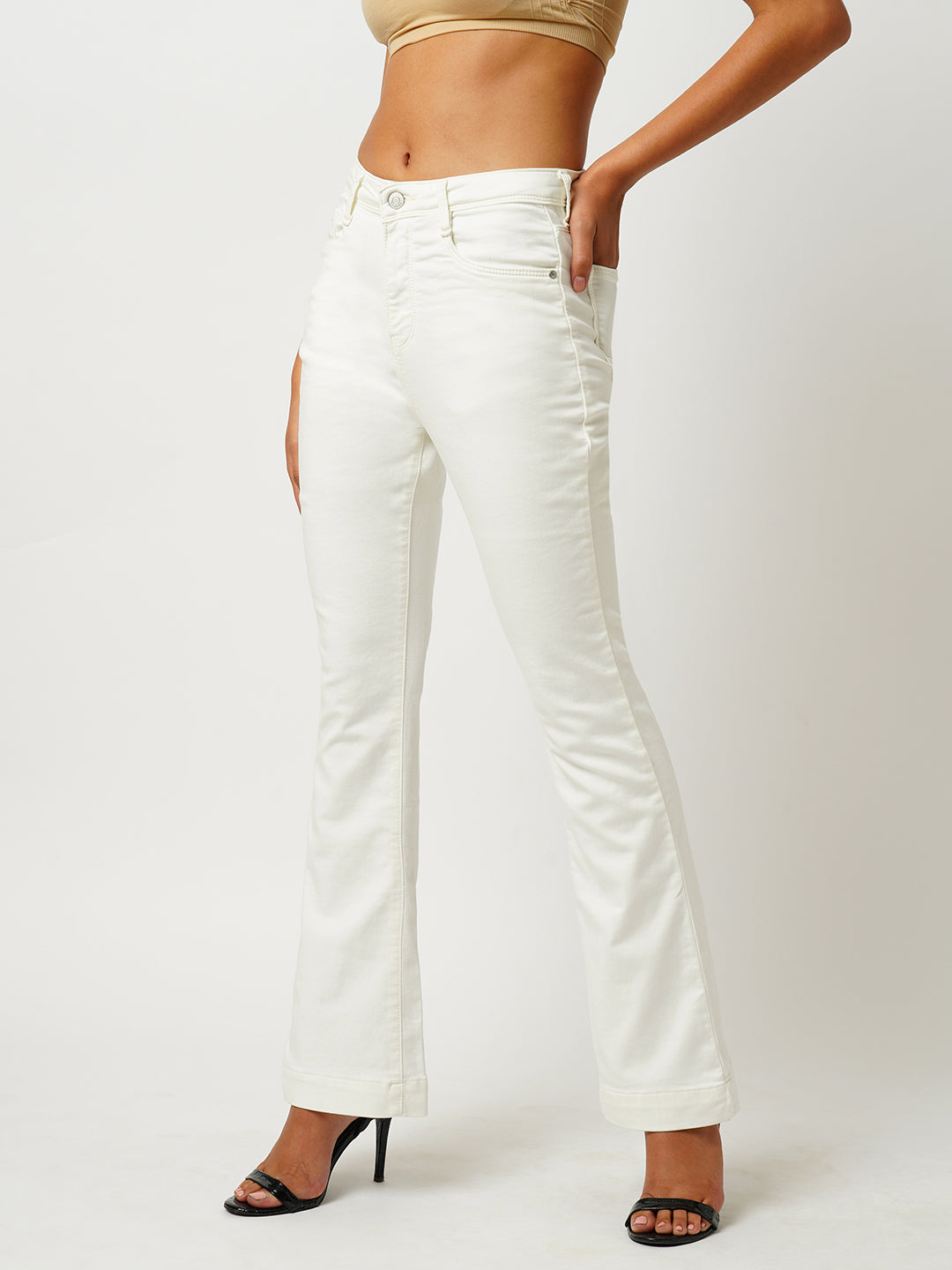 Women Ecru High-Rise Mini Flare Jeans