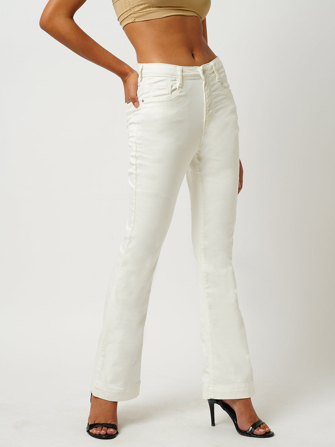 Women Ecru High-Rise Mini Flare Jeans