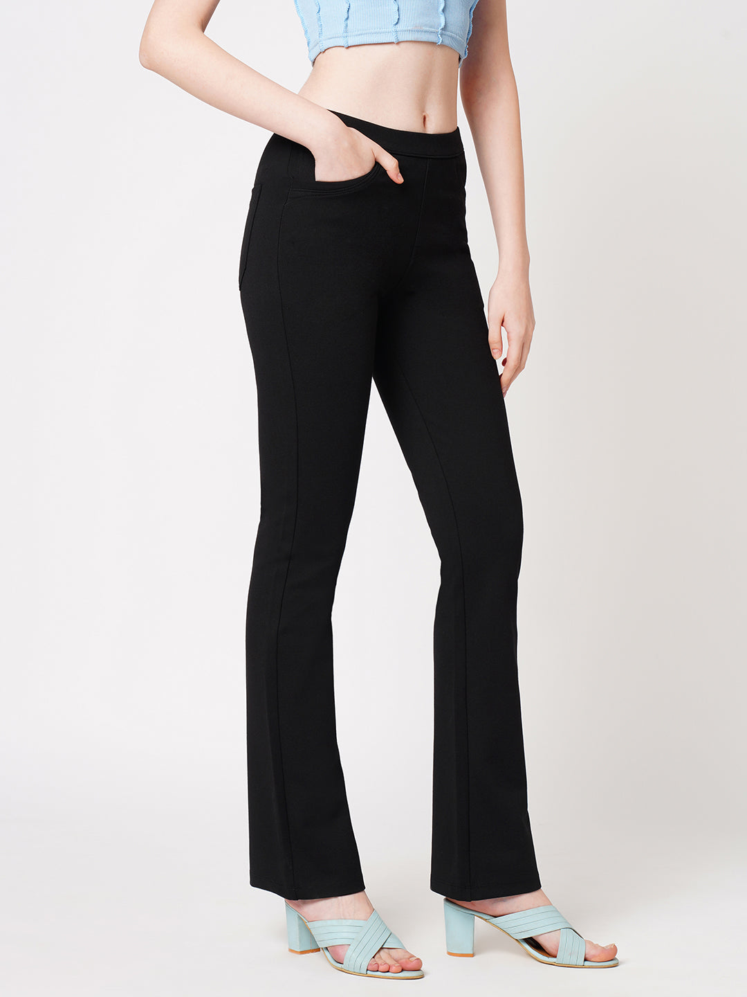 Women Black High-Rise Straight Treggings