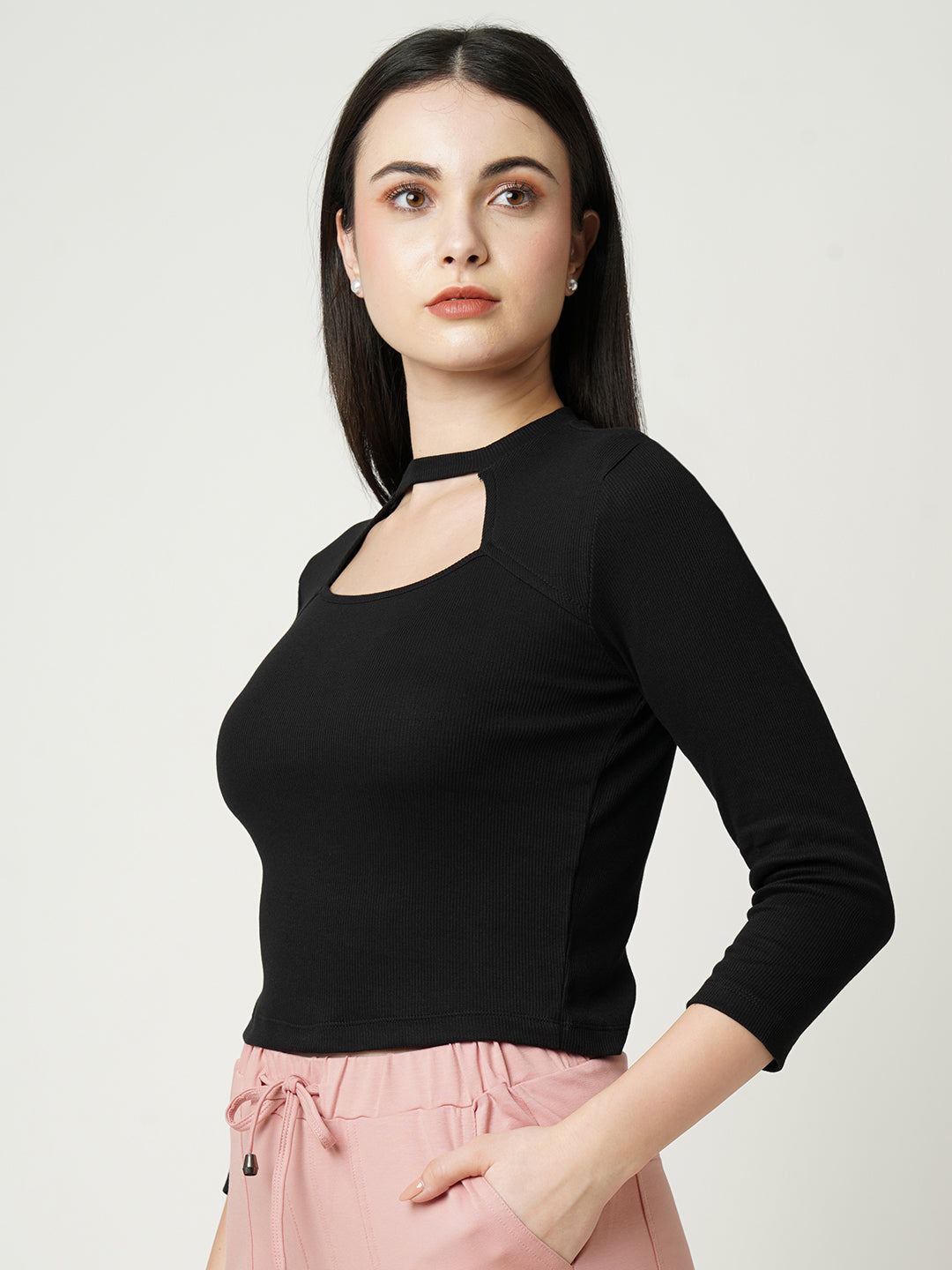 Women Jet Black Solid Slim T-Shirt