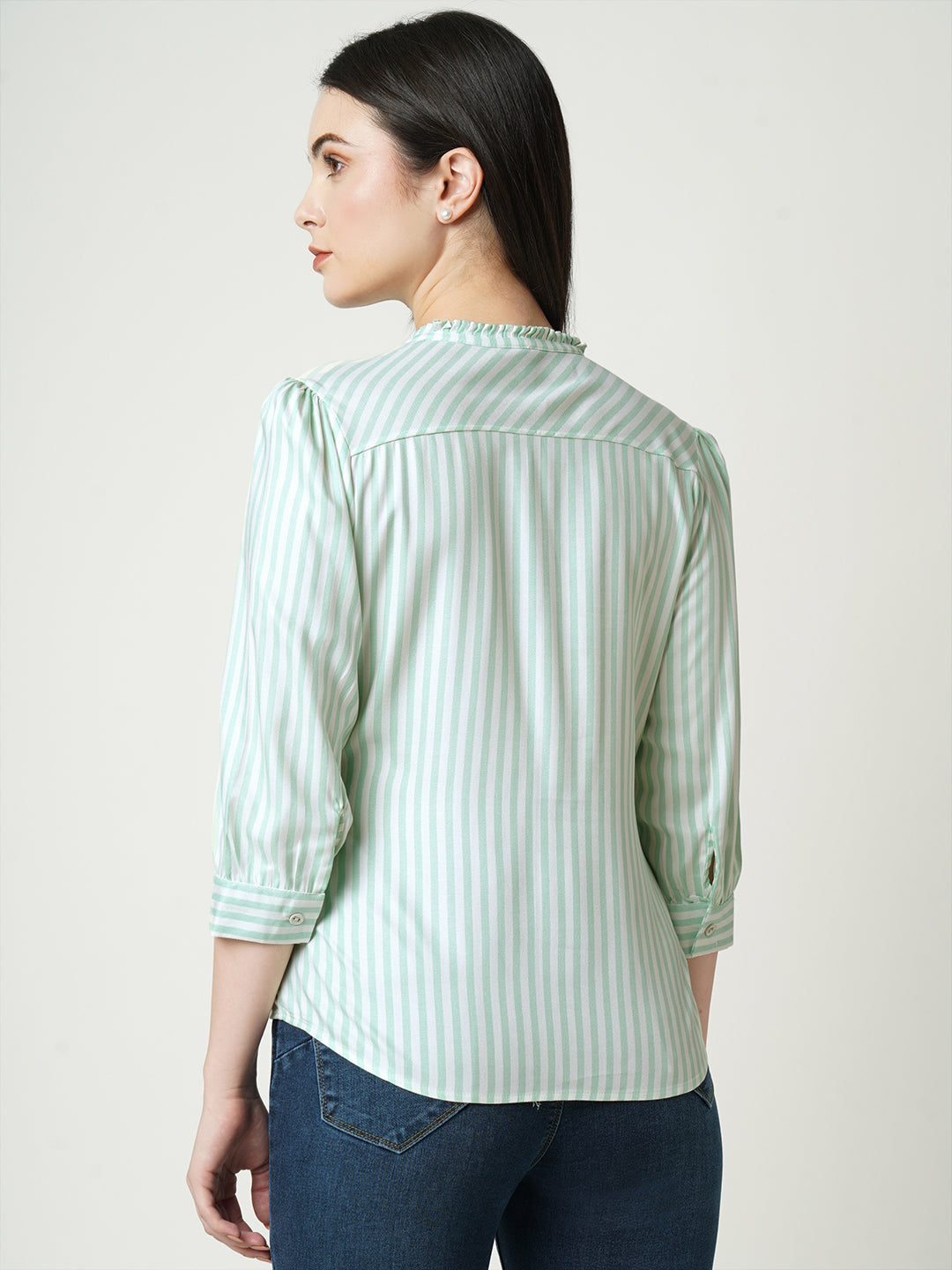 Women Mint & White Striped Slim Shirt