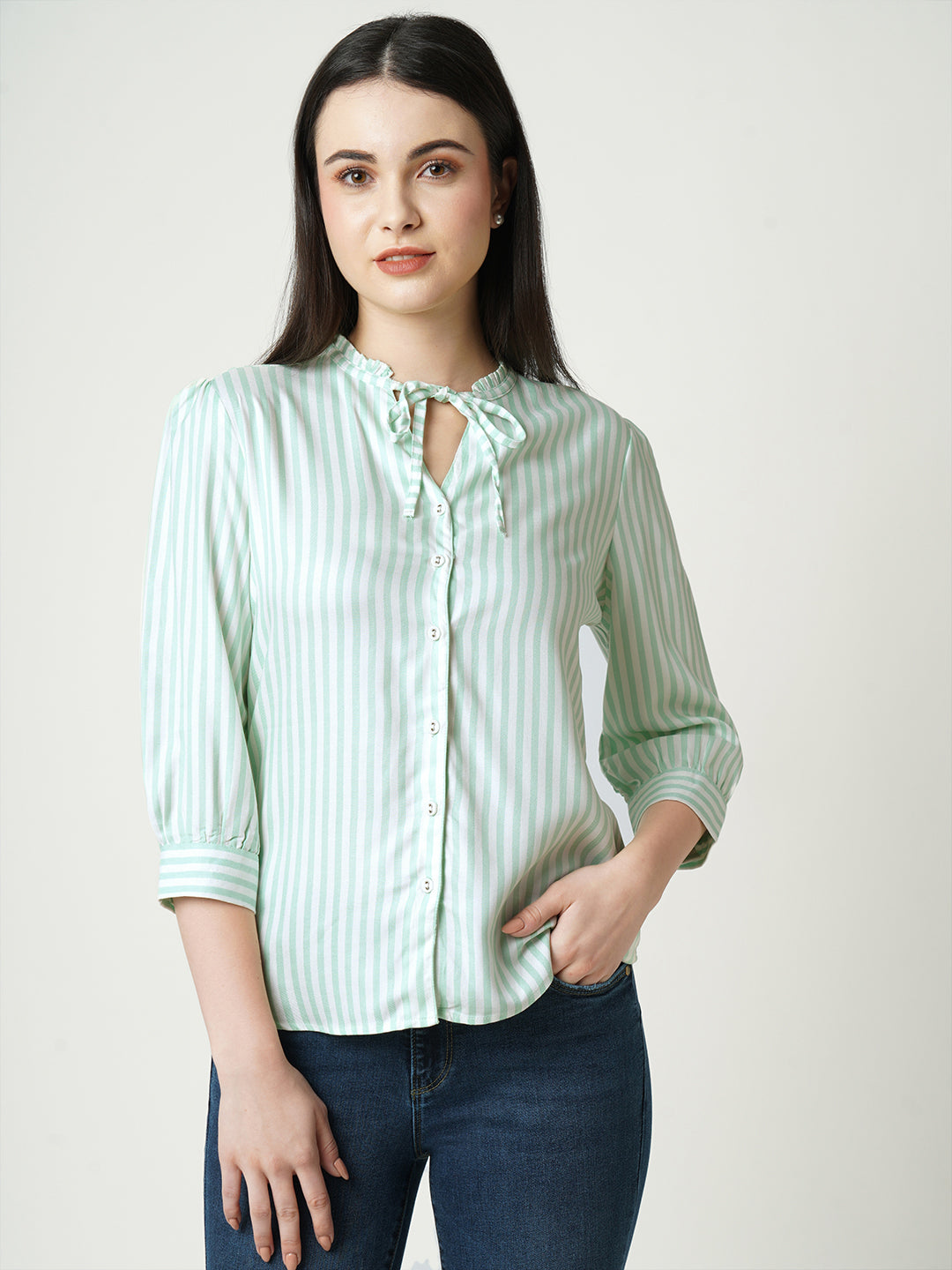 Women Mint & White Striped Slim Shirt