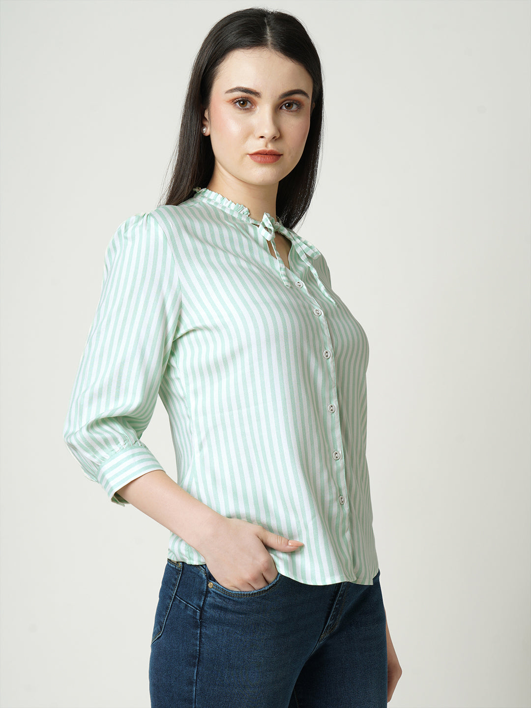 Women Mint & White Striped Slim Shirt