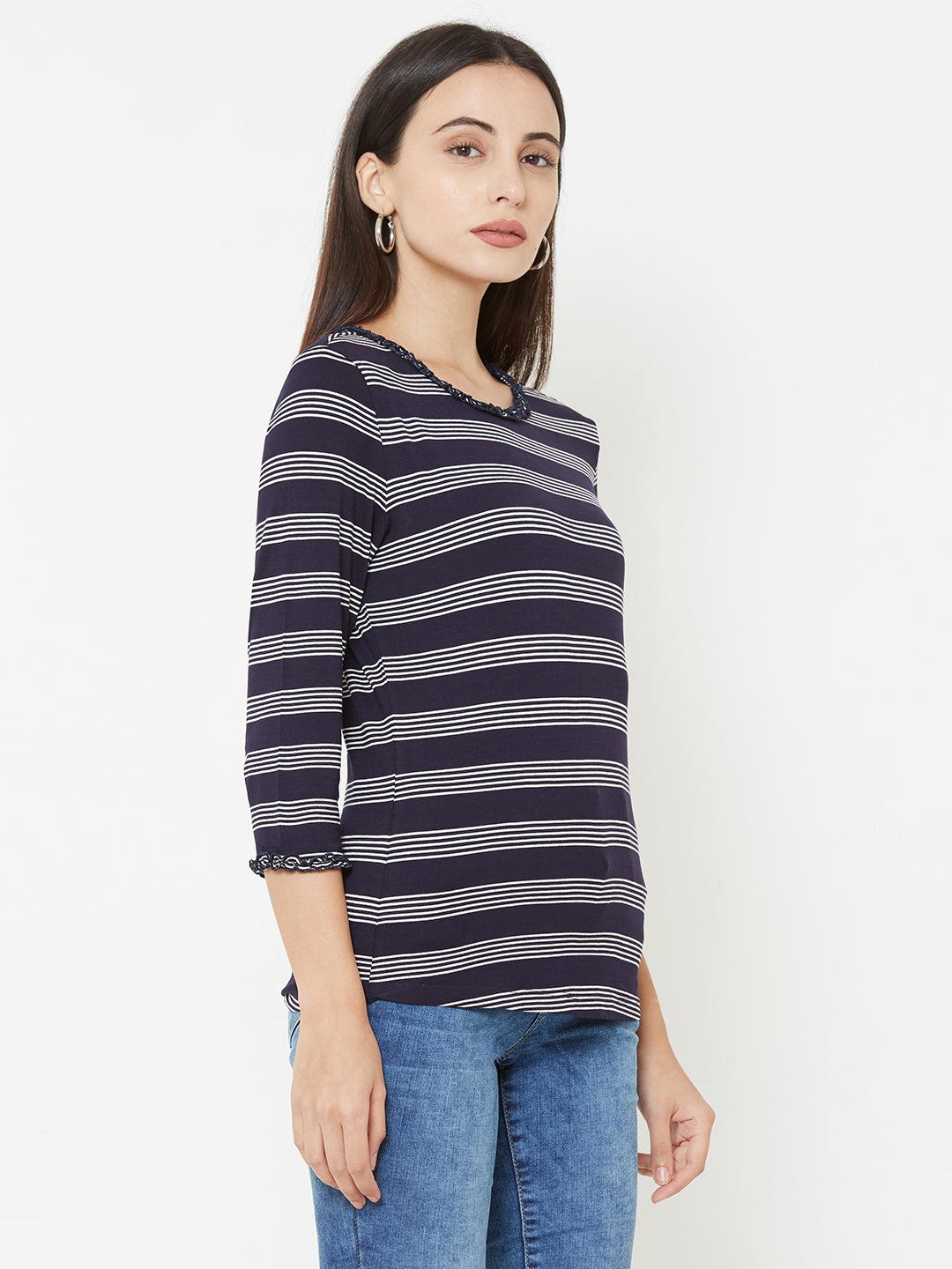 Women Navy & White Striped Slim T-Shirt