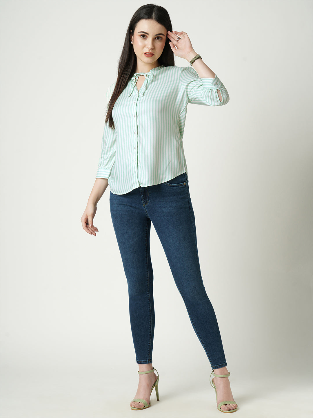 Women Mint & White Striped Slim Shirt