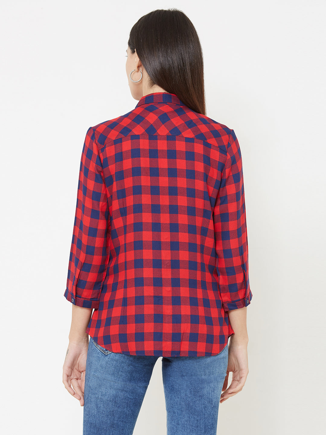 Women Navy-Red Slim Shirt