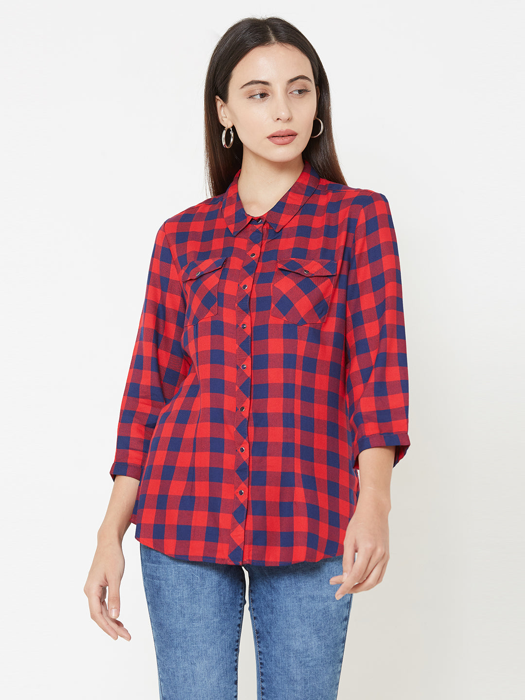 Women Navy-Red Slim Shirt