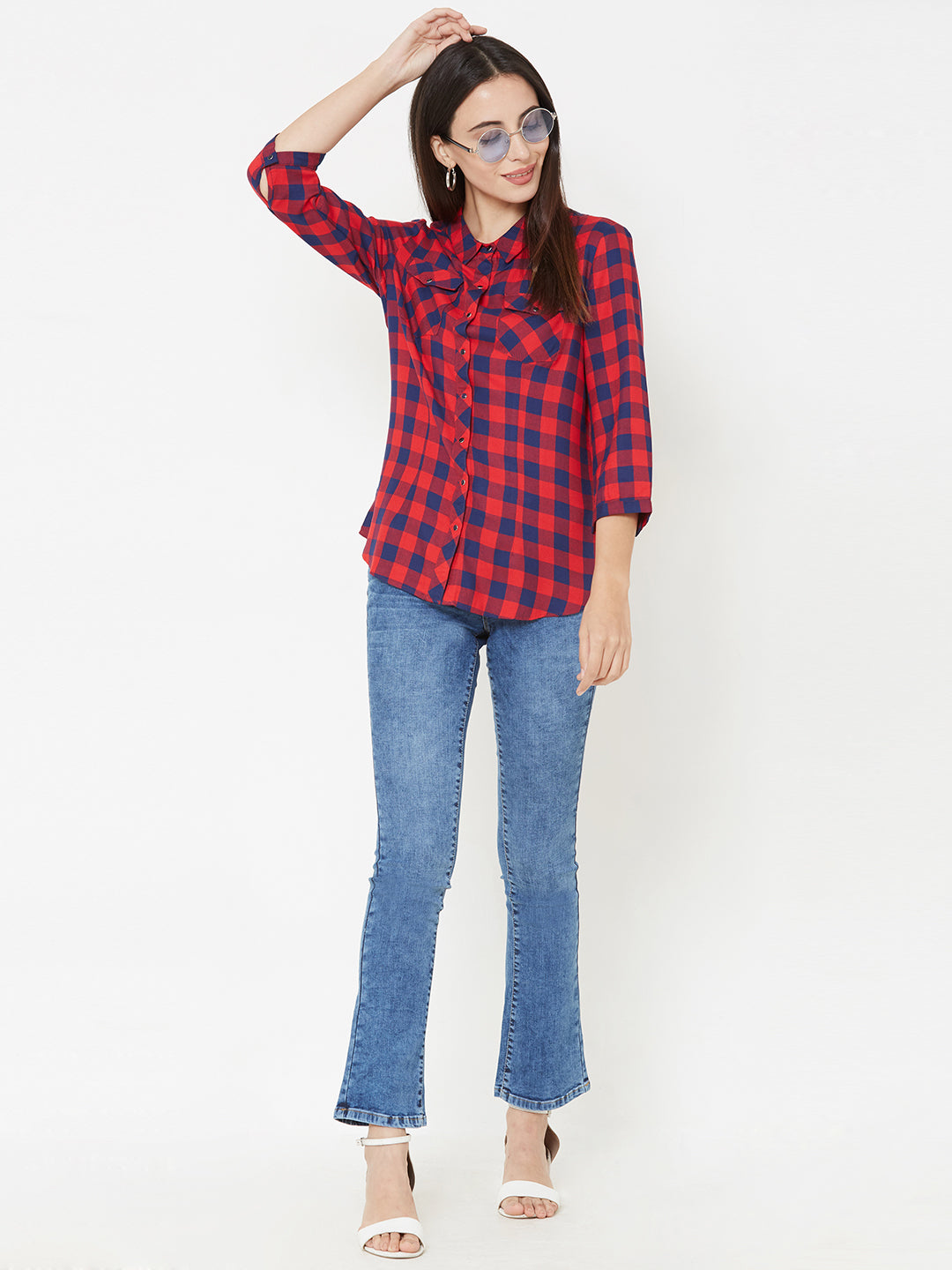 Women Navy-Red Slim Shirt